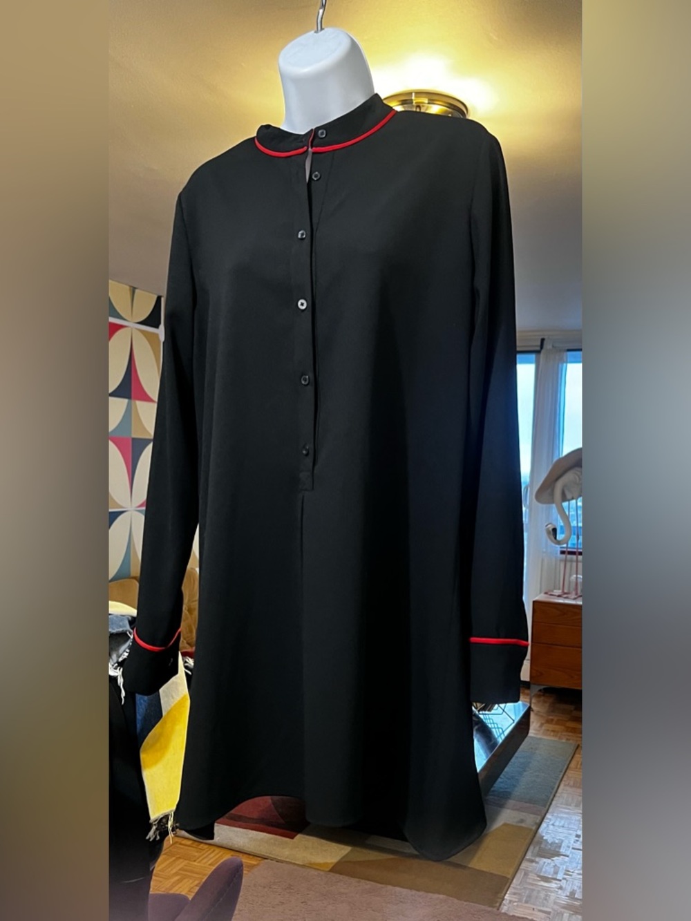 Tristan Black Long-Sleeve Shirt dress with Red Trim